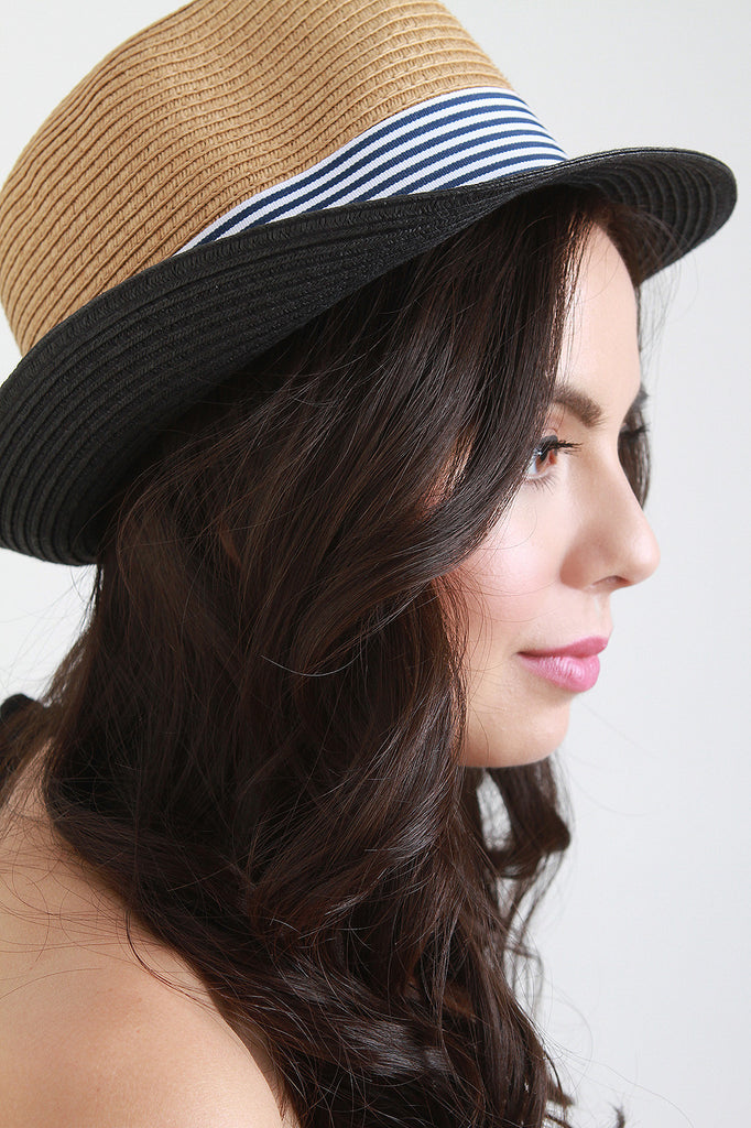 Striped Band Straw Fedora Hat