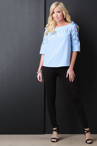 Boat Neck Lace Up Sleeve Top