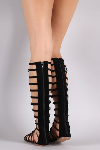 Suede Strappy Caged Lace Up Gladiator Flat Sandal