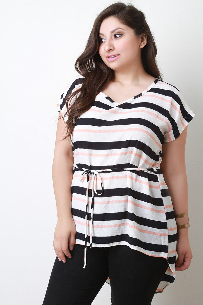 Multicolor Striped Drawstring Shirttail Hem Top