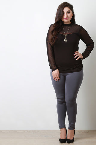 Mesh Contrast Cutout Long Sleeve Ruched Top