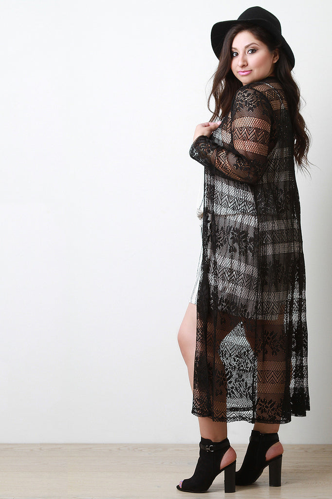 Semi-Sheer Open Front Long Cardigan