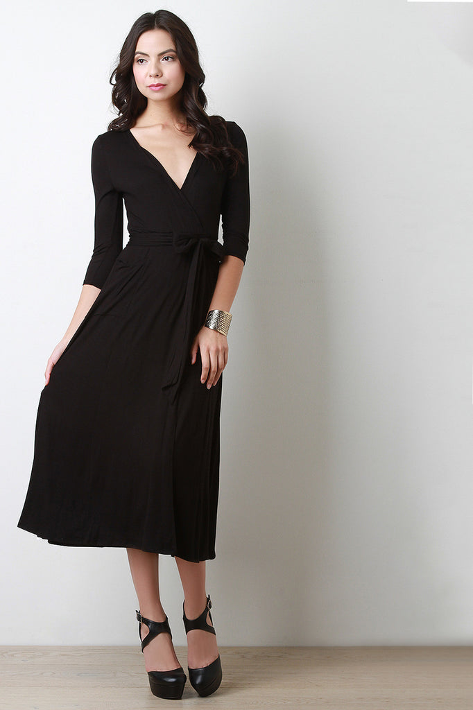 Deep Slit Wrap Side Midi Dress