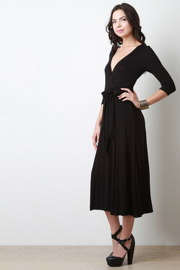 Deep Slit Wrap Side Midi Dress