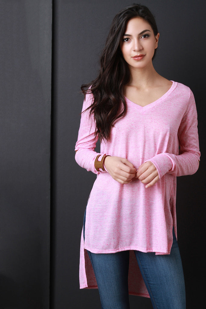 V-Neck Elbow Slit Long Sleeve Top