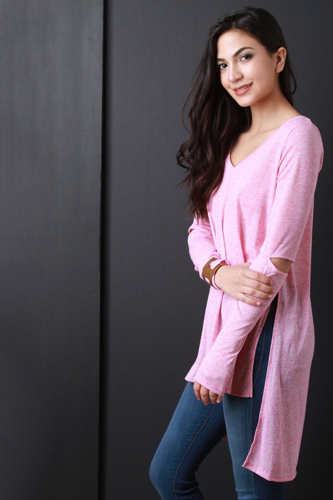 V-Neck Elbow Slit Long Sleeve Top