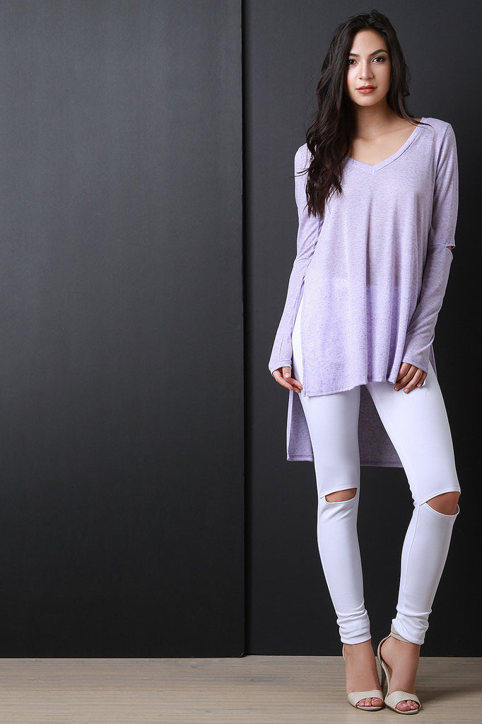 V-Neck Elbow Slit Long Sleeve Top