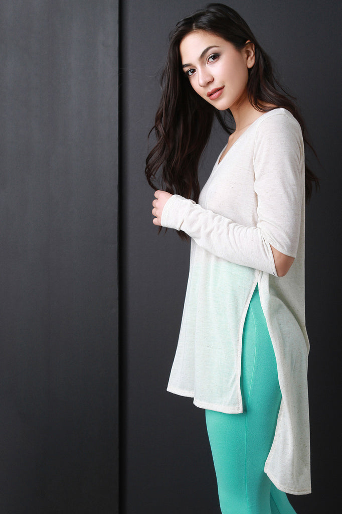 V-Neck Elbow Slit Long Sleeve Top