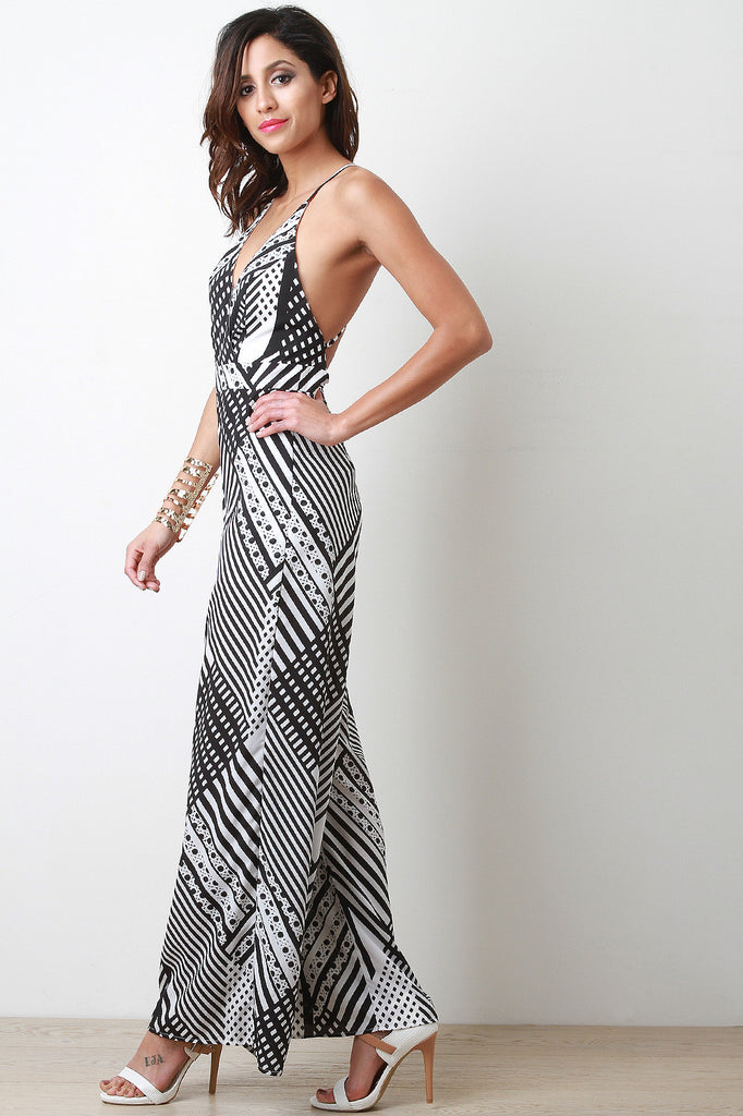 Mixed Pattern Surplice Wide Leg Jumpsuit