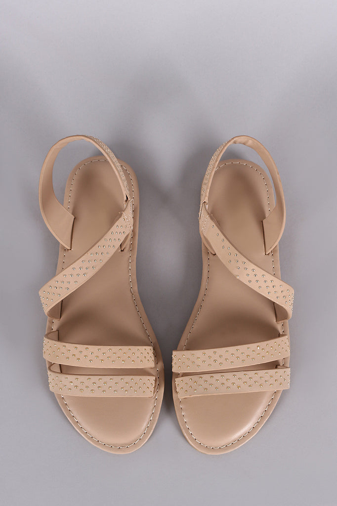 Bamboo Nubuck Studded Asymmetrical Strappy Flat Sandal