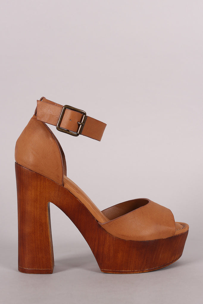 Bamboo Ankle Strap Chunky Wooden Platform Heel