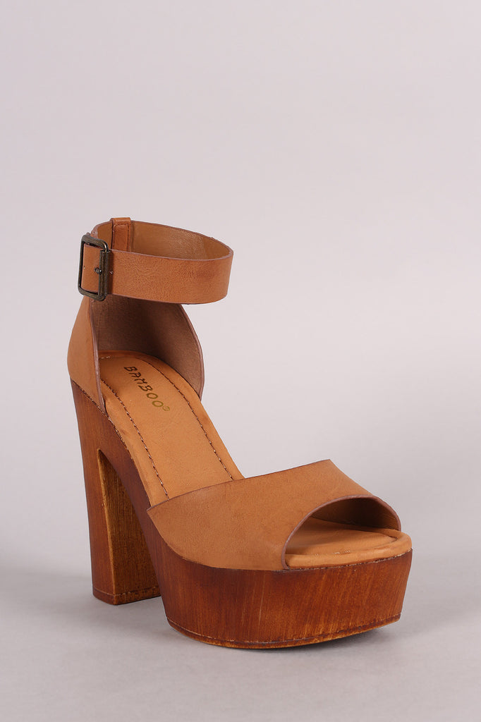 Bamboo Ankle Strap Chunky Wooden Platform Heel