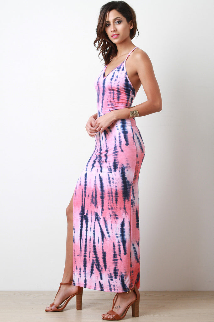 Tie Dye Open Cross Back Deep Slit Maxi Dress