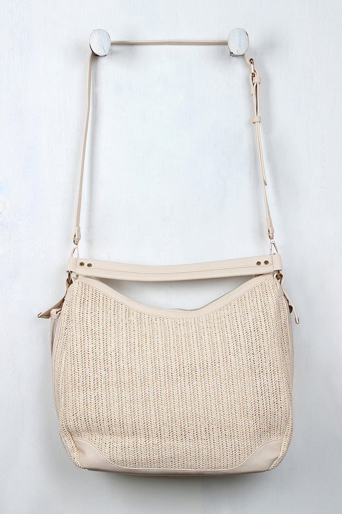 Straw and Vegan Leather Tassel Handbag