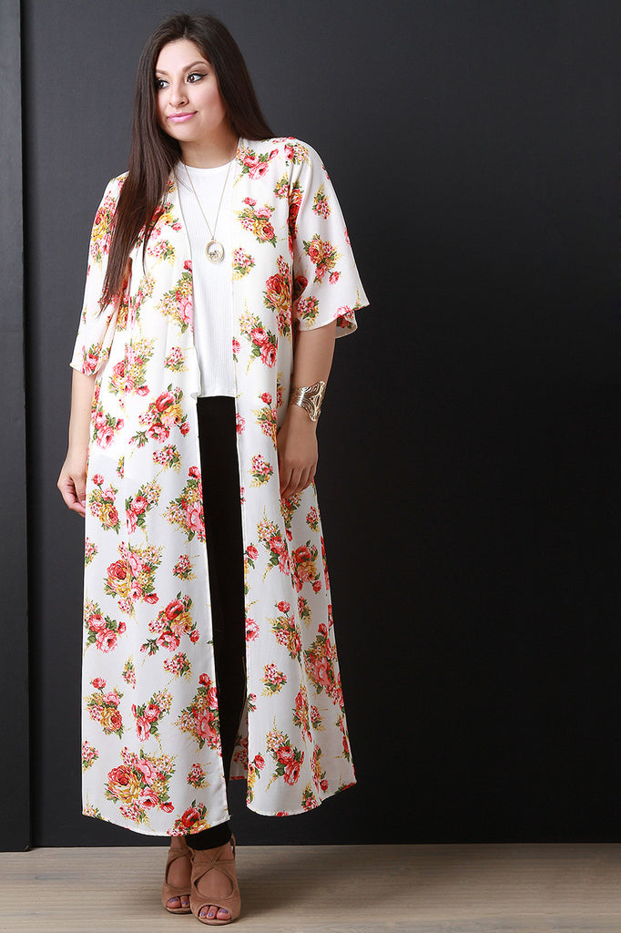 Semi-Sheer Floral Print Kimono