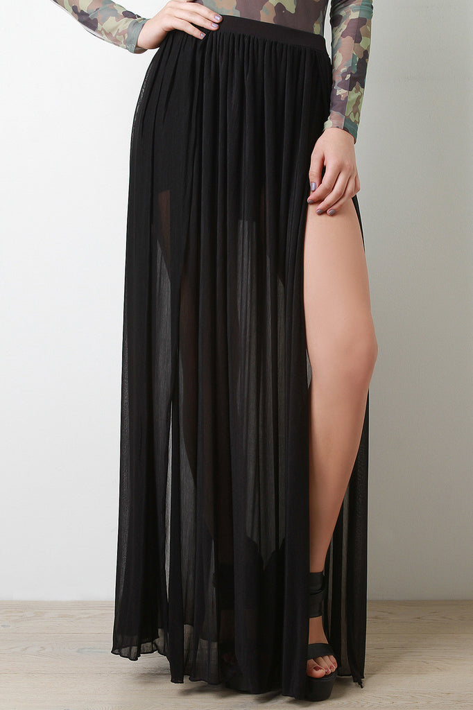 Semi-Sheer Mesh High Slit Maxi Skirt