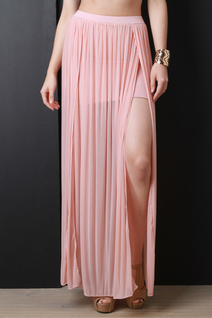 Semi-Sheer Mesh High Slit Maxi Skirt