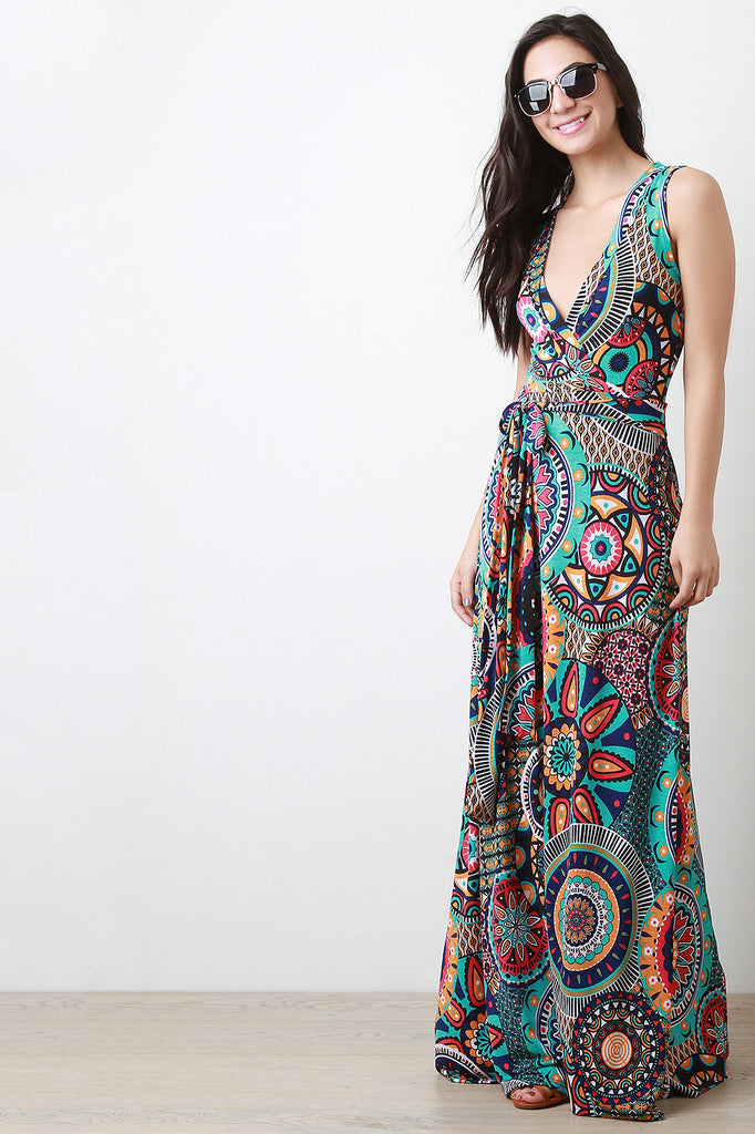 Boho Print Surplice Wrap Maxi Dress