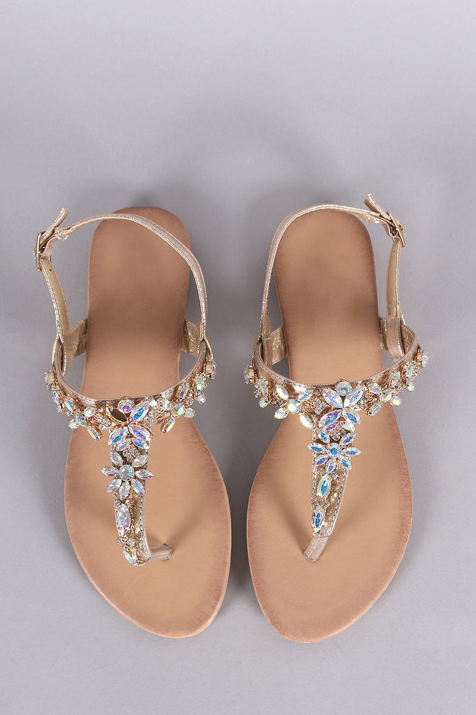 Cluster Jeweled T-Strap Slingback Thong Flat Sandal