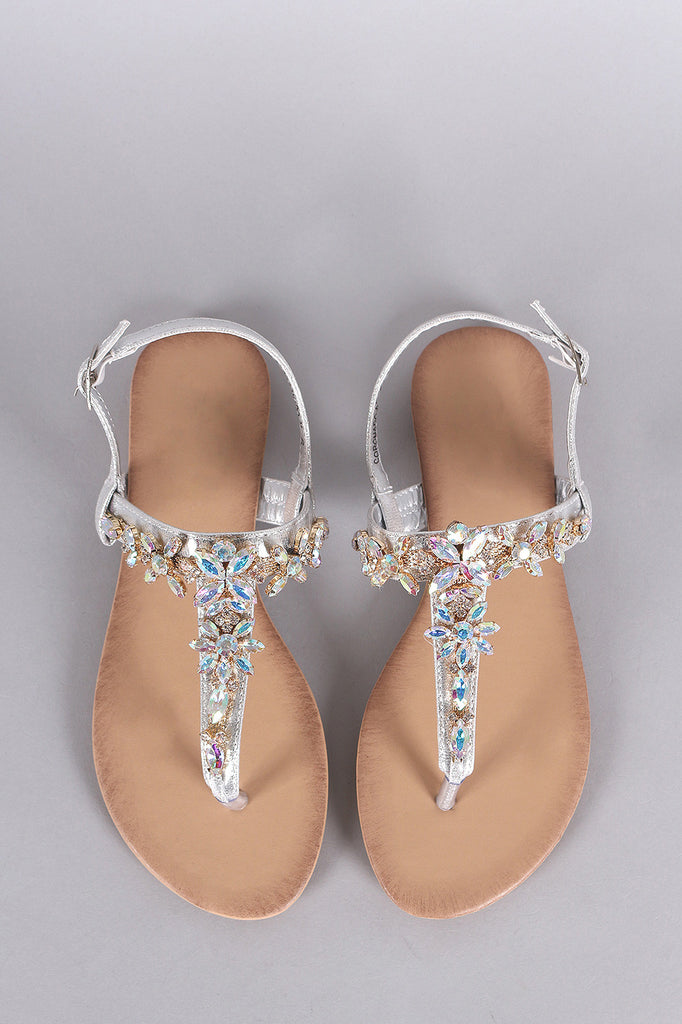 Cluster Jeweled T-Strap Slingback Thong Flat Sandal