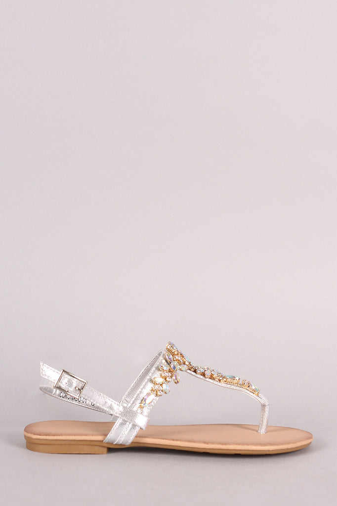 Cluster Jeweled T-Strap Slingback Thong Flat Sandal