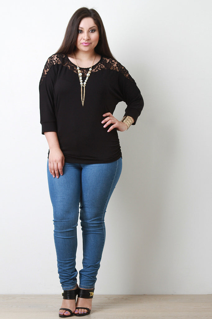 Lace Yoke Dolman Sleeve Necklace Top