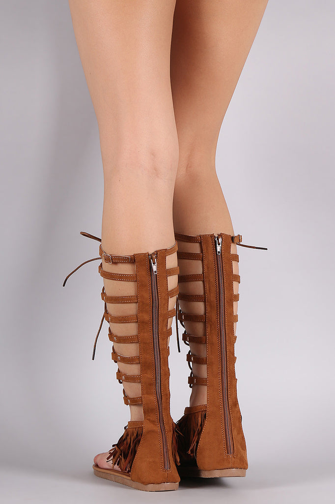 Suede Fringe Lace-Up Gladiator Flat Sandal