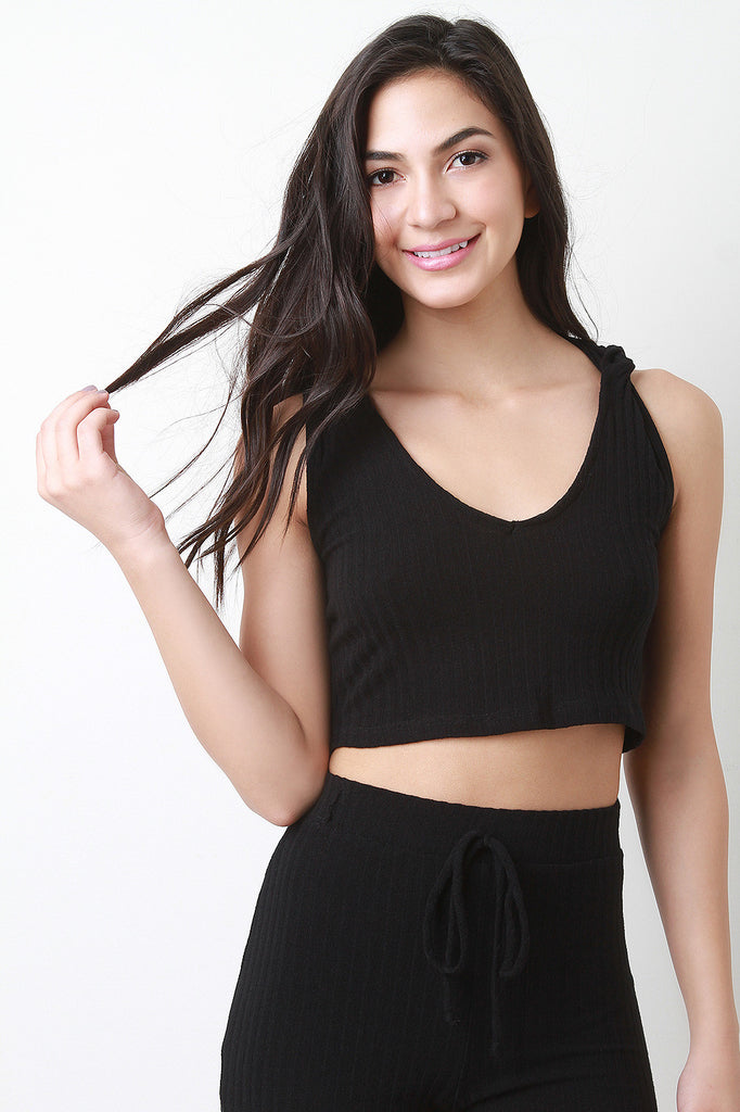 Rib Knit V Neck Hooded Crop Top