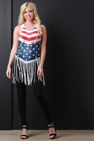 American Flag Print Fringe Hem Sleeveless Top