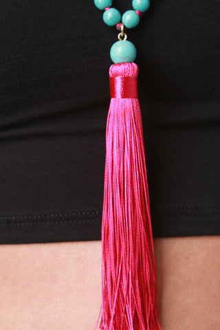 Turquoise Bead and Tassel Necklace