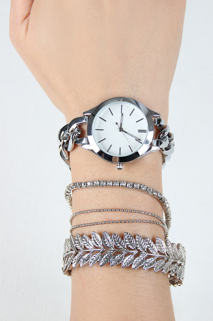 Glossy Curb Link Chain Watch And Leaves Bracelets Set