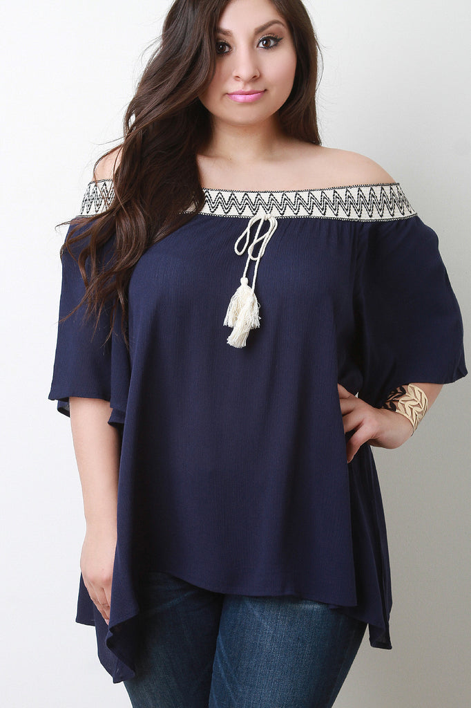 Off Shoulder Elasticized Tribal Tassel Peasant Top