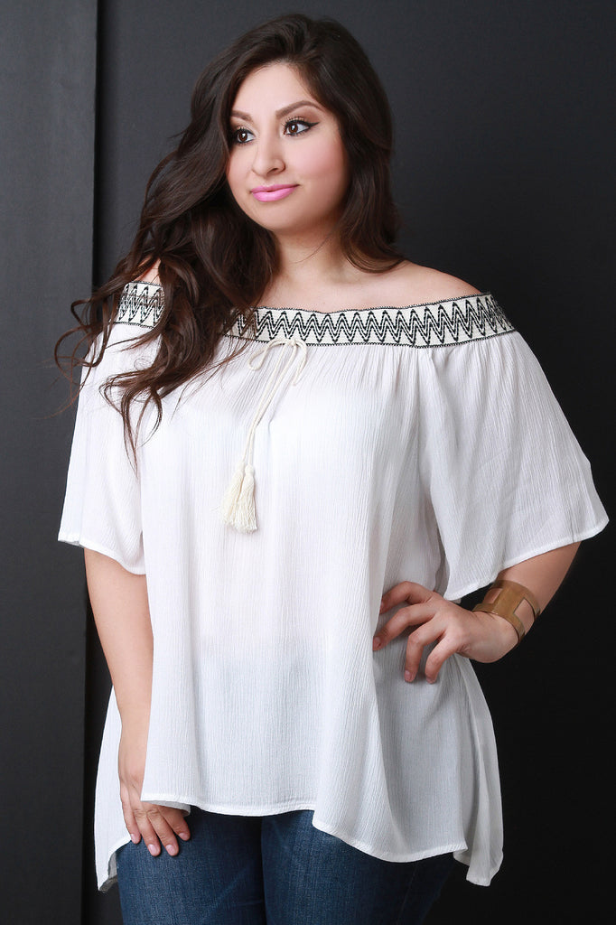 Off Shoulder Elasticized Tribal Tassel Peasant Top