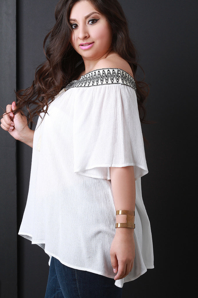 Off Shoulder Elasticized Tribal Tassel Peasant Top