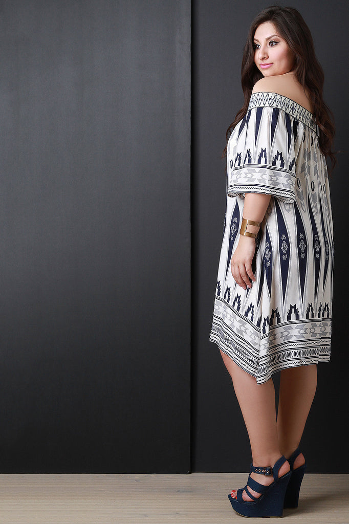 Off Shoulder Tribal Print Short Sleeve Dress