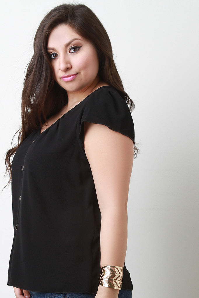 V-Neck Semi-Sheer Button Cap Sleeve Top