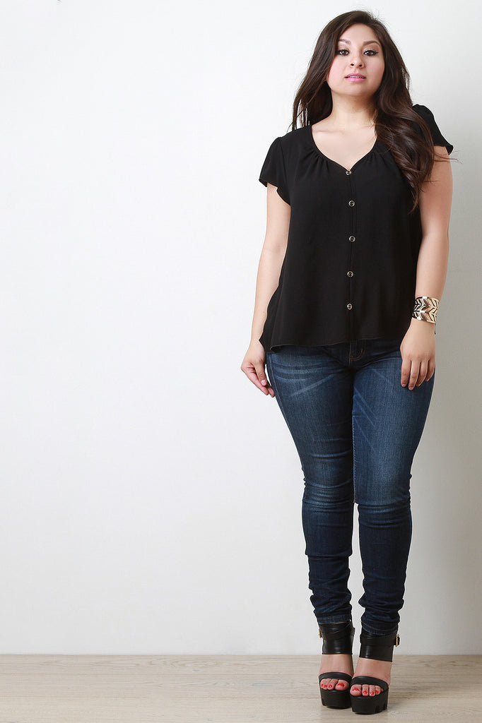 V-Neck Semi-Sheer Button Cap Sleeve Top