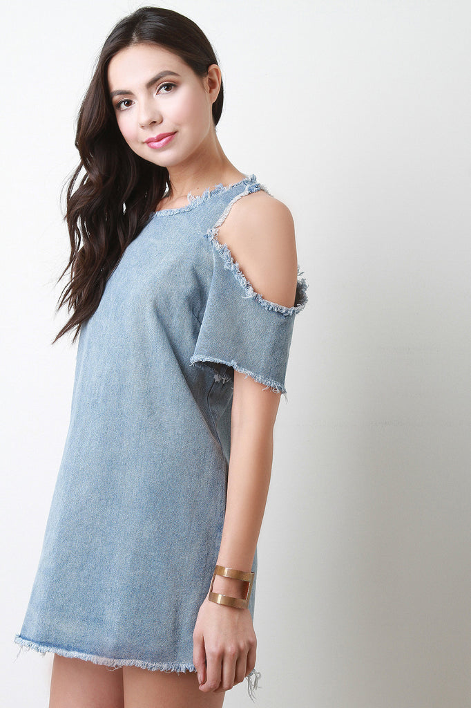 Cold Shoulder Fringed Denim Shift Dress