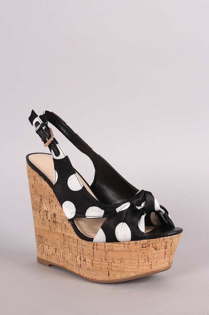 Wild Diva Lounge Knotted Satin Polka Dot Slingback Platform Wedge