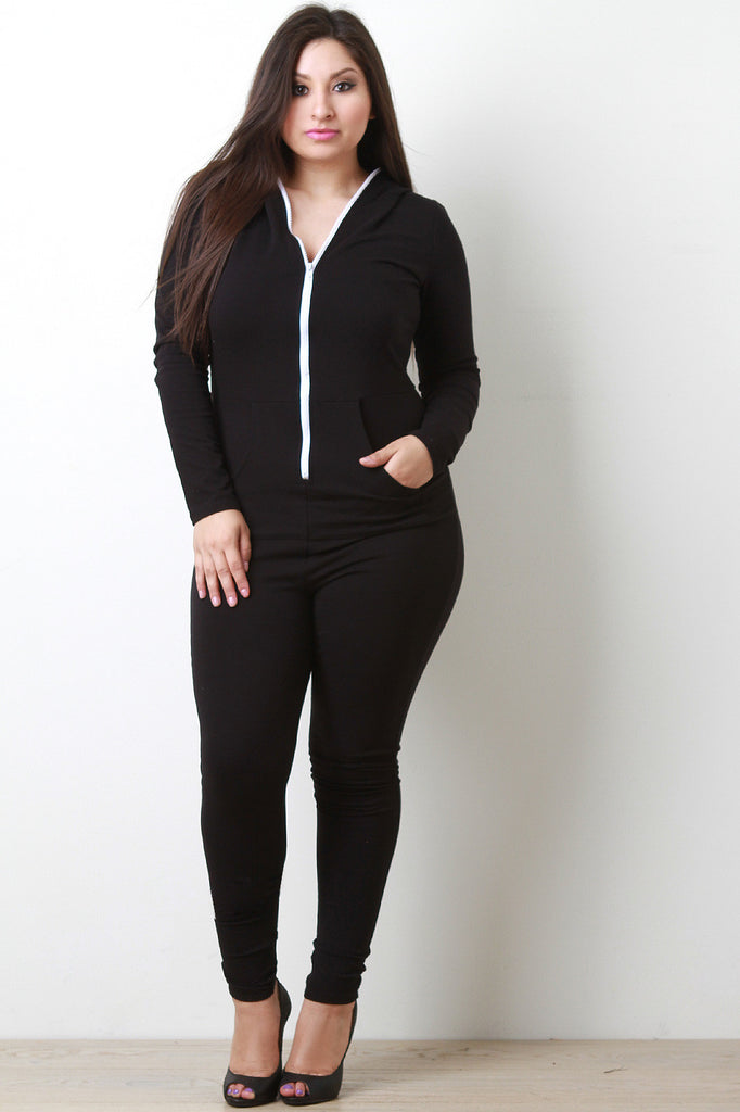 Plus Size Contrast Zip Up Hoodie Jumpsuit