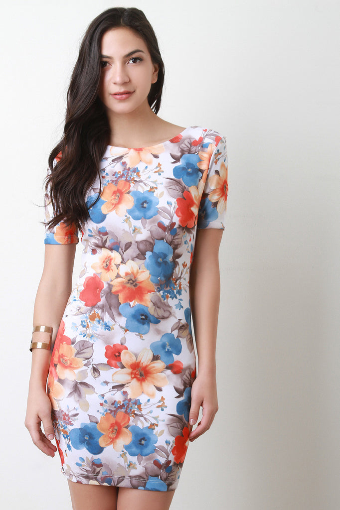 Floral Deep V-Back Mini Bodycon Dress