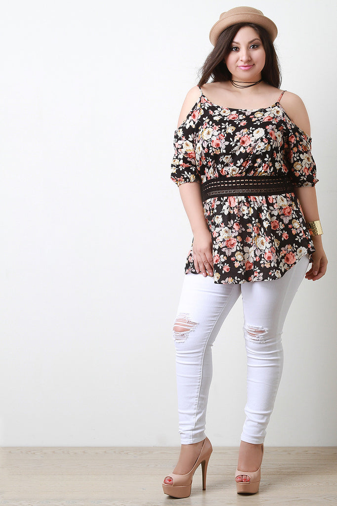 Floral Print Crochet Lace Midriff Top