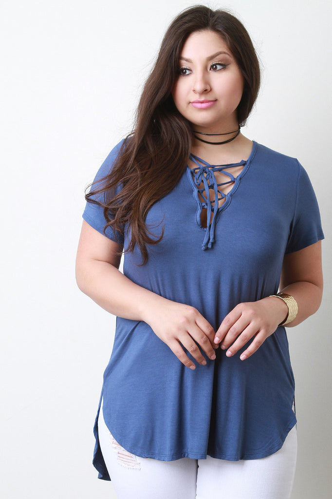 Solid V-Neck Crisscross Lace-Up Top