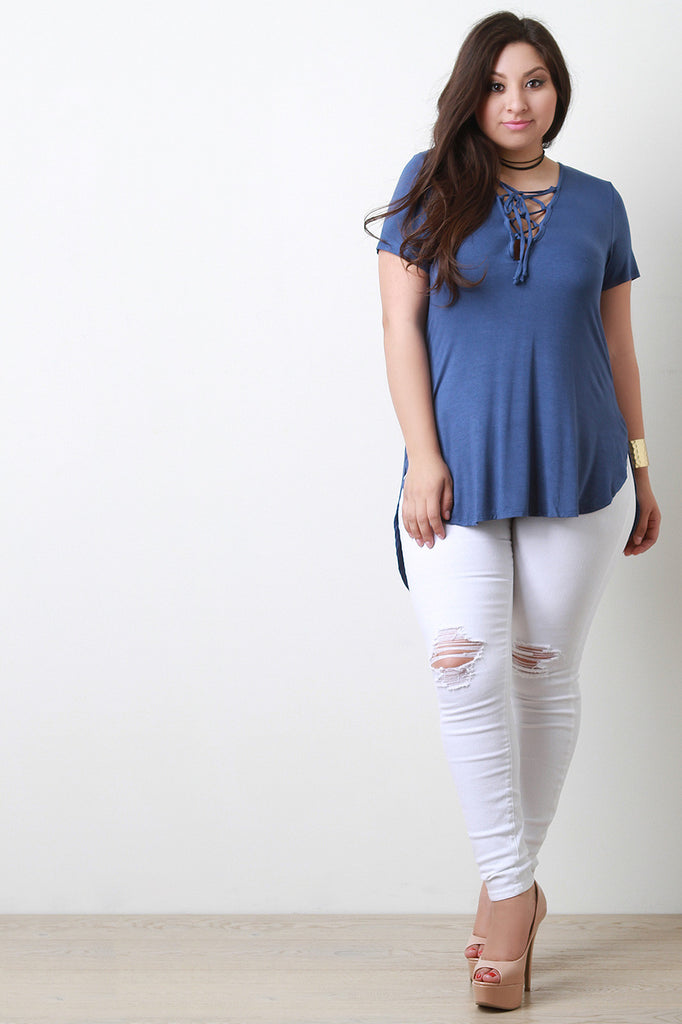 Solid V-Neck Crisscross Lace-Up Top