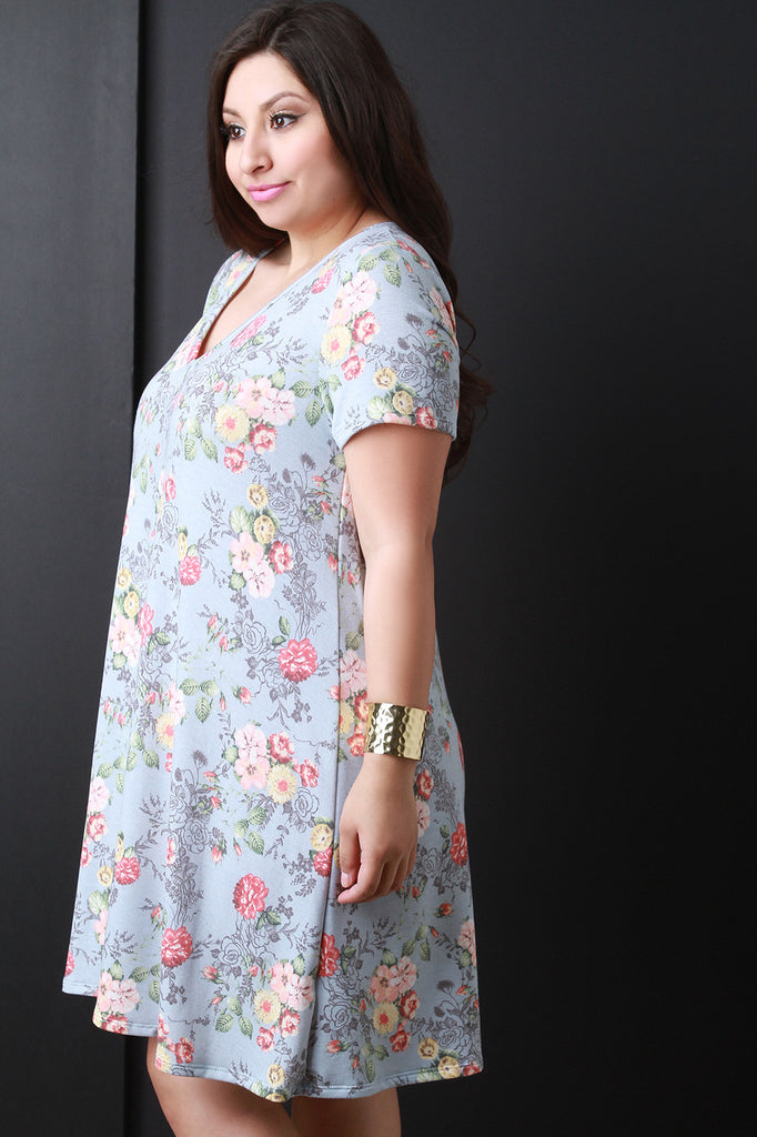 Floral Print Round Neck Shift Dress