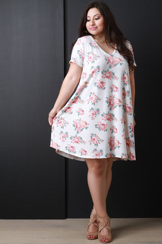 Roses Print Round Neck Mini Dress