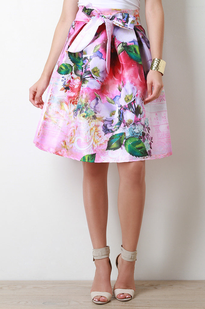 Floral Taffeta Bow Pleated Midi Skirt