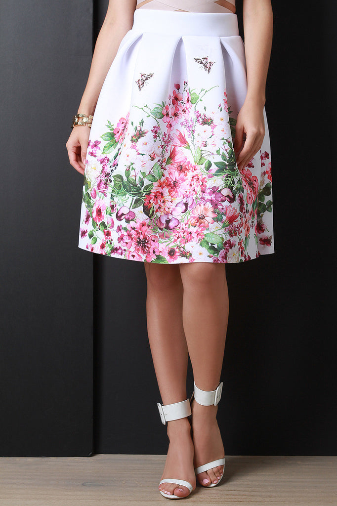 Floral Garden Scuba Pleated Midi Skirt