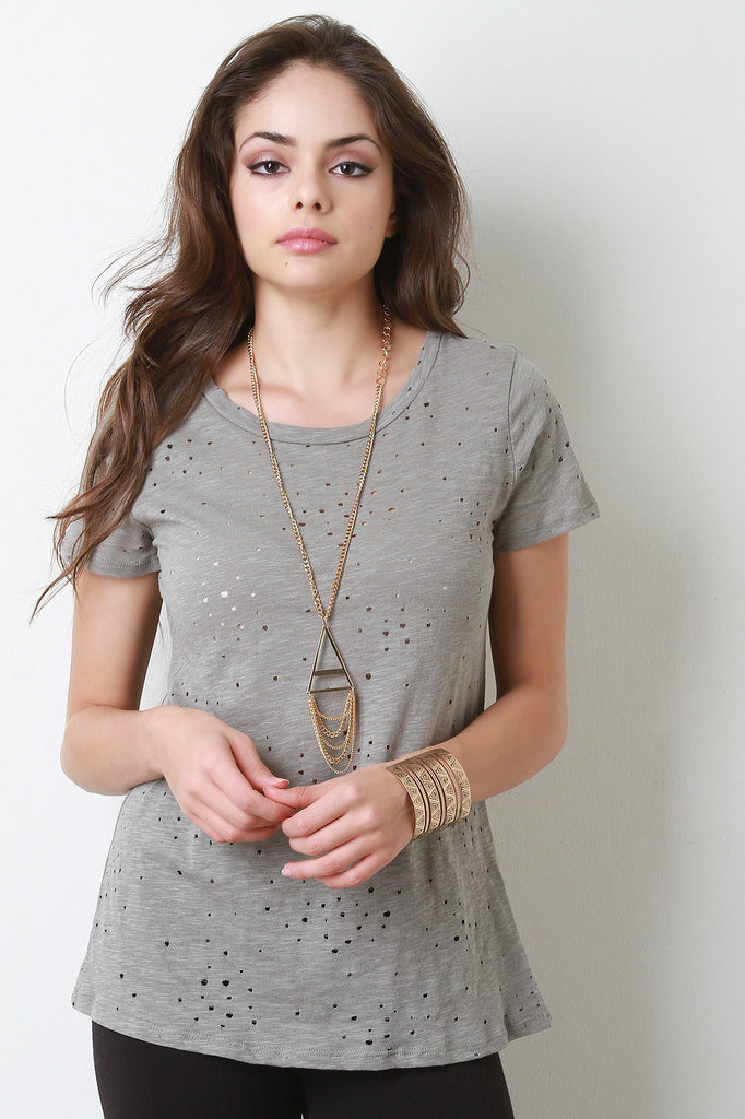 Distressed Round Neck Marled Tee