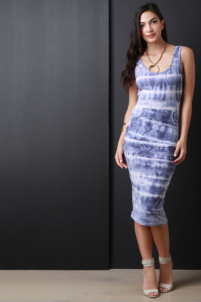 Tie Dye Front Pouch Sleeveless Midi Dress